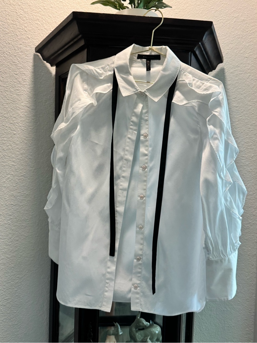 BCBGMaxAzria White Button-Down Blouse with Black Ribbon